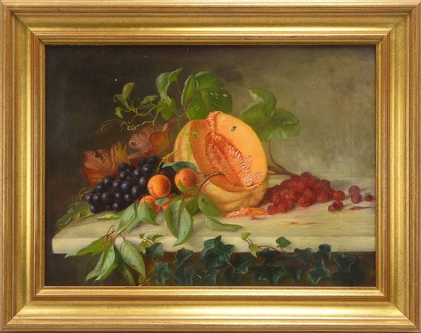 Gemälde, 'Tischstillleben mit Kürbis, Trauben und Himbeeren', Öl/Lw, unsigniert, gerahmt; Bildmaße 4
