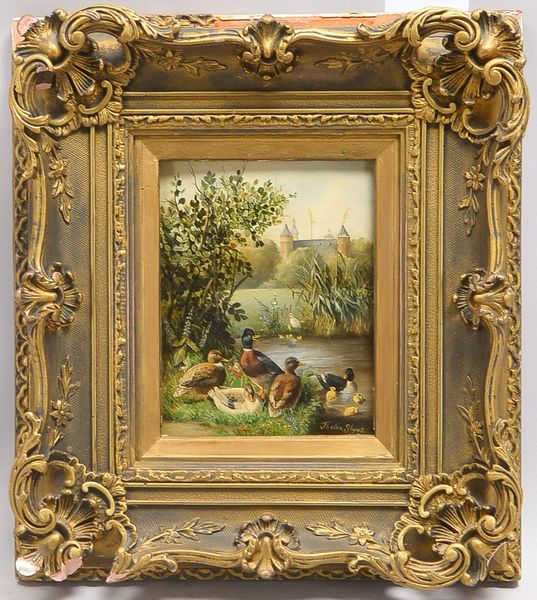 Th. van Sluys, 'Enten am Teich', Öl/Holz, unten rechts signiert 'Th. van Slyus', im Prunkrahmen; Bil