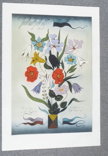 Janak, Alois (1924 - 2024, tschechischer Künstler), 'Blumenbouquet', große Farbradierung, Auflage-Nr