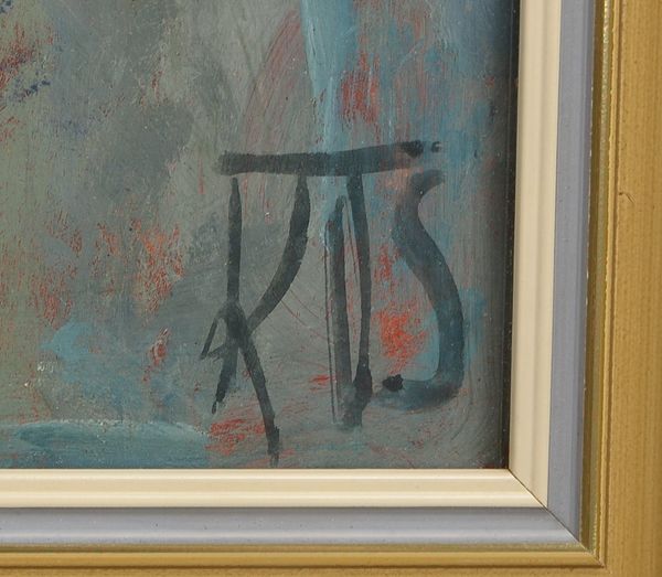Monogrammist KTS, 'Belebte Straßenszene', Gouache auf Karton, unten rechts monogrammiert, hinter Gla