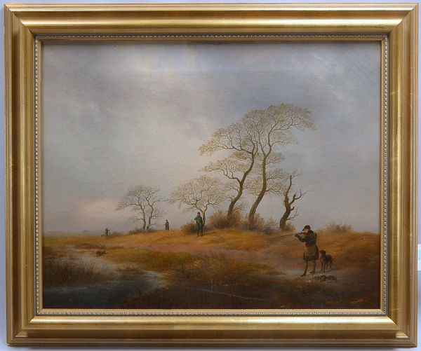 Gemälde (Anfang 19. Jahrhundert), 'Jagdgesellschaft in weiter Landschaft', Öl/Lw, Unsigniert (soweit