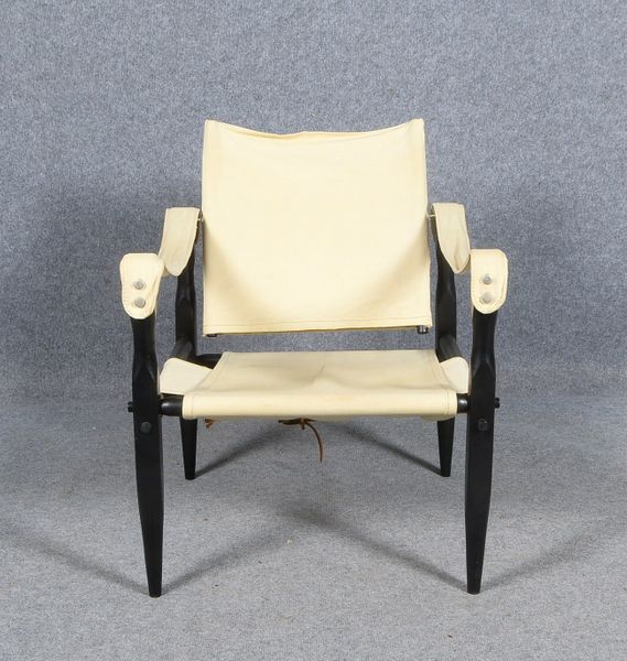 Designer-Stuhl/Safari-Chair (im Stil von Kaare Klint/Dänemark), Holz schwarz lackiert, beigefarbenes