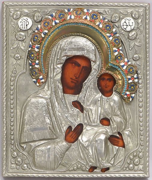 Ikone (Russland - in Replik), 'Gottesmutter von Kazan' - mit Christuskind dargestellt, unter Metallo
