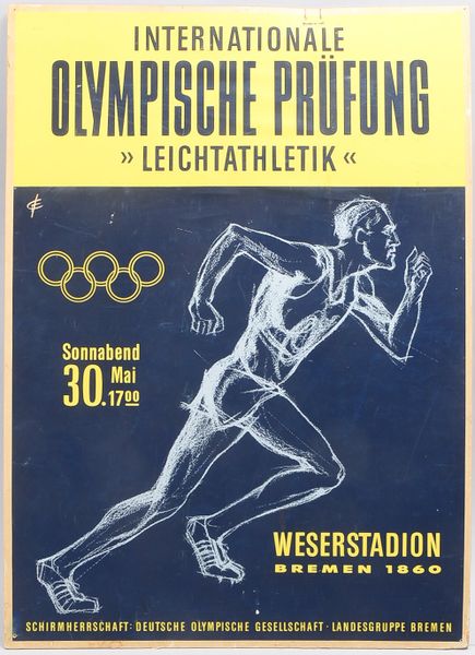 Altes Plakat: 'Internationale Olympische Prüfung - Leichtatlehtik - im Weserstadion, Bremen 1860, am
