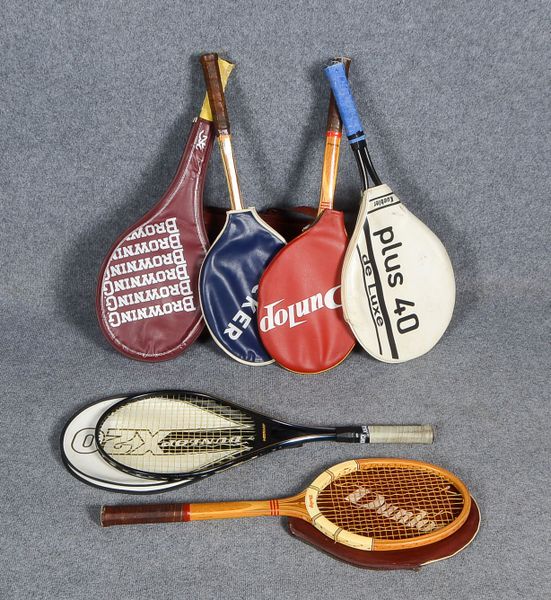 6 Tennisschläger: 3x Dunlop, 1x Becker, 1x Browning und 1x Plus 40/Kuebler, (Bespannungen defekt)