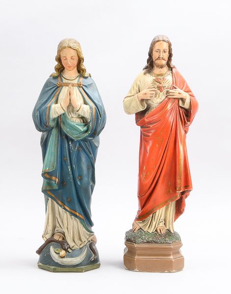 2 sakrale Figuren: 'Maria und Jesus Christus', Gips farbig bemalt; Höhe 53 cm (stellenweise altersbe