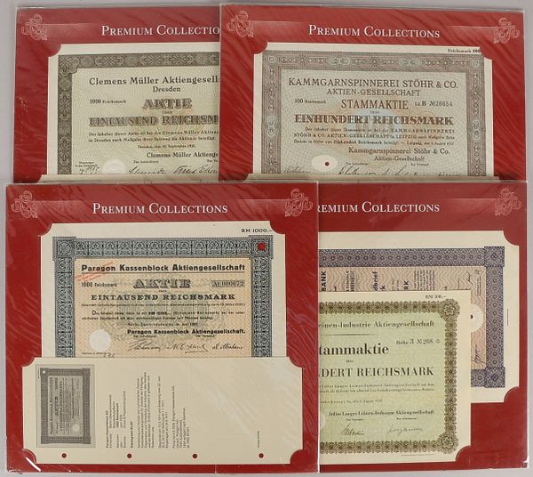 4 historische Aktien, Premium Sammler Collections, 1925-1935, Reichsmark, verschiedene Werte; Hüllen