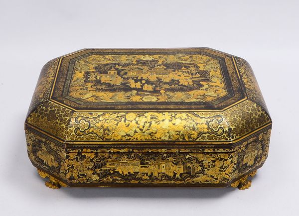 Große Sammler-Lackspieldose (Kanton/China), allseitig umlaufend mit 'Höfischen Szenen' in Goldfarben
