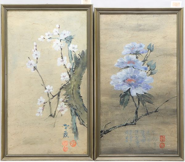 2 Aquarelle ( wohl Japan ) " Kirsch/Pflaumenblüte u. Pfingstrose auf handgeschöpftem faserigen Papie