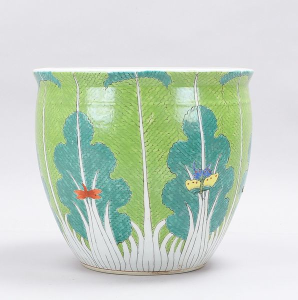 Porzellanübertopf im China-Stil, Wandung mit Blume; Höhe 27,5 cm, Durchmesser Ø 30,5 cm